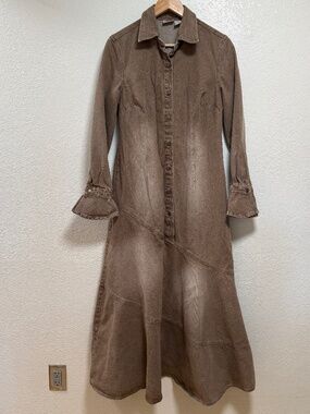 Newport News Brown Denim Maxi Dress Sand Wash Tiered Flare Distress 90s Women 10